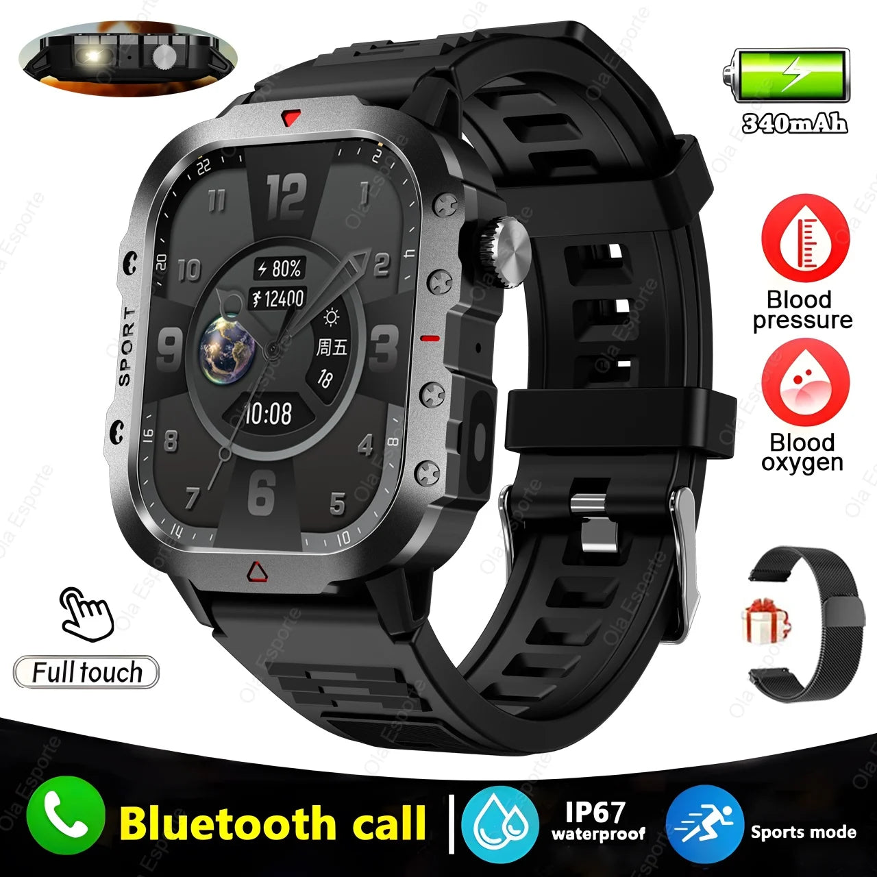 Military GPS Smartwatch – Waterproof Outdoor Sport Tracker with Flashlight & Compass