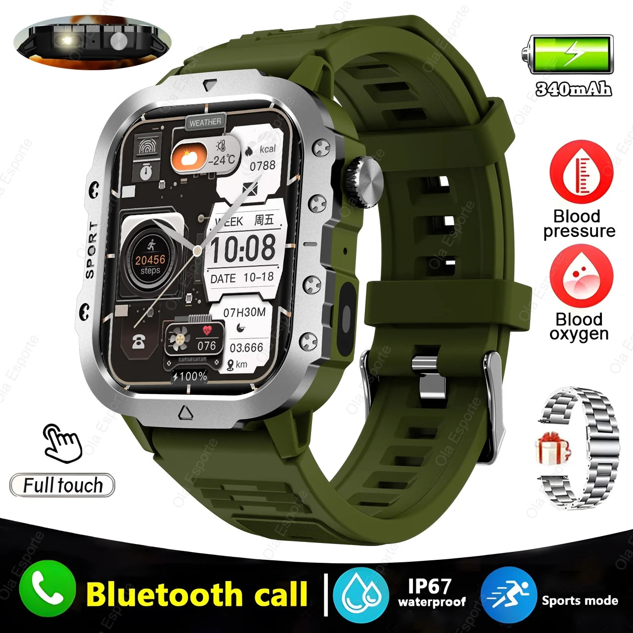 Military GPS Smartwatch – Waterproof Outdoor Sport Tracker with Flashlight & Compass