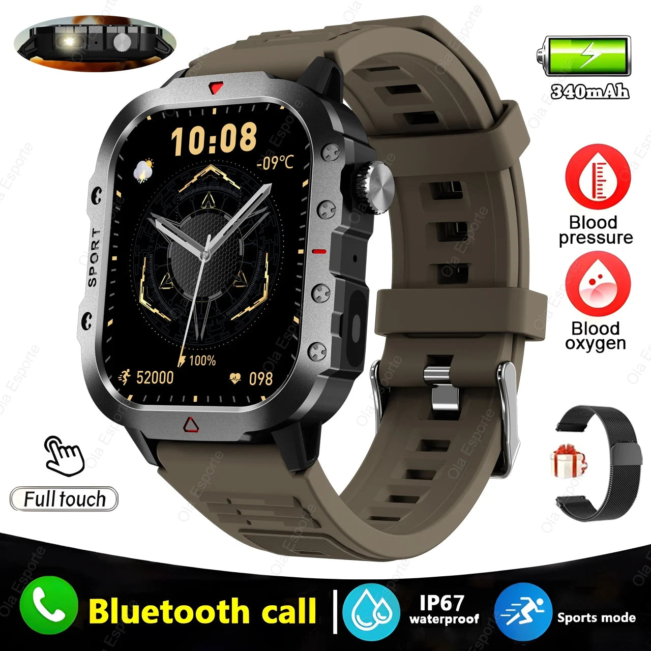 Military GPS Smartwatch – Waterproof Outdoor Sport Tracker with Flashlight & Compass