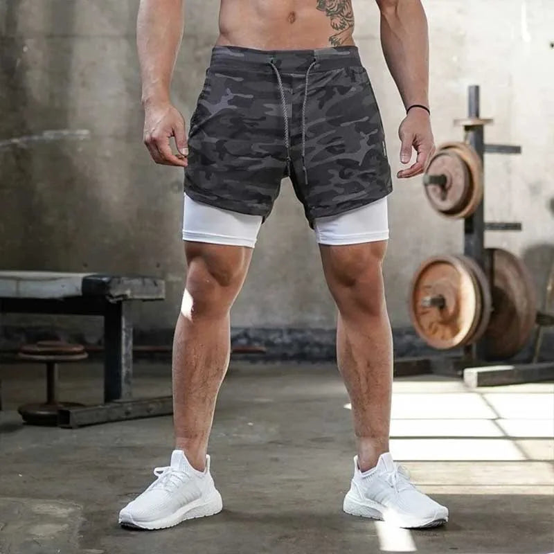 Men’s 2-in-1 Camo Running Shorts – Quick-Dry Gym & Fitness Wear
