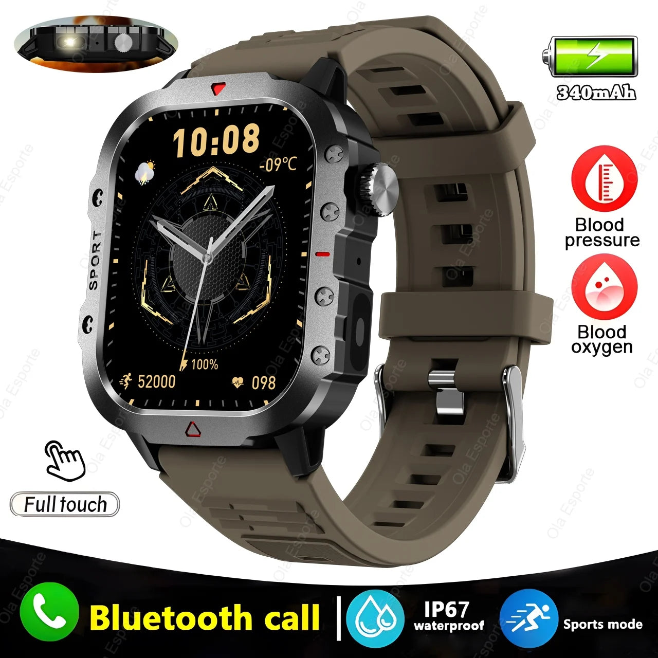 Military GPS Smartwatch – Waterproof Outdoor Sport Tracker with Flashlight & Compass