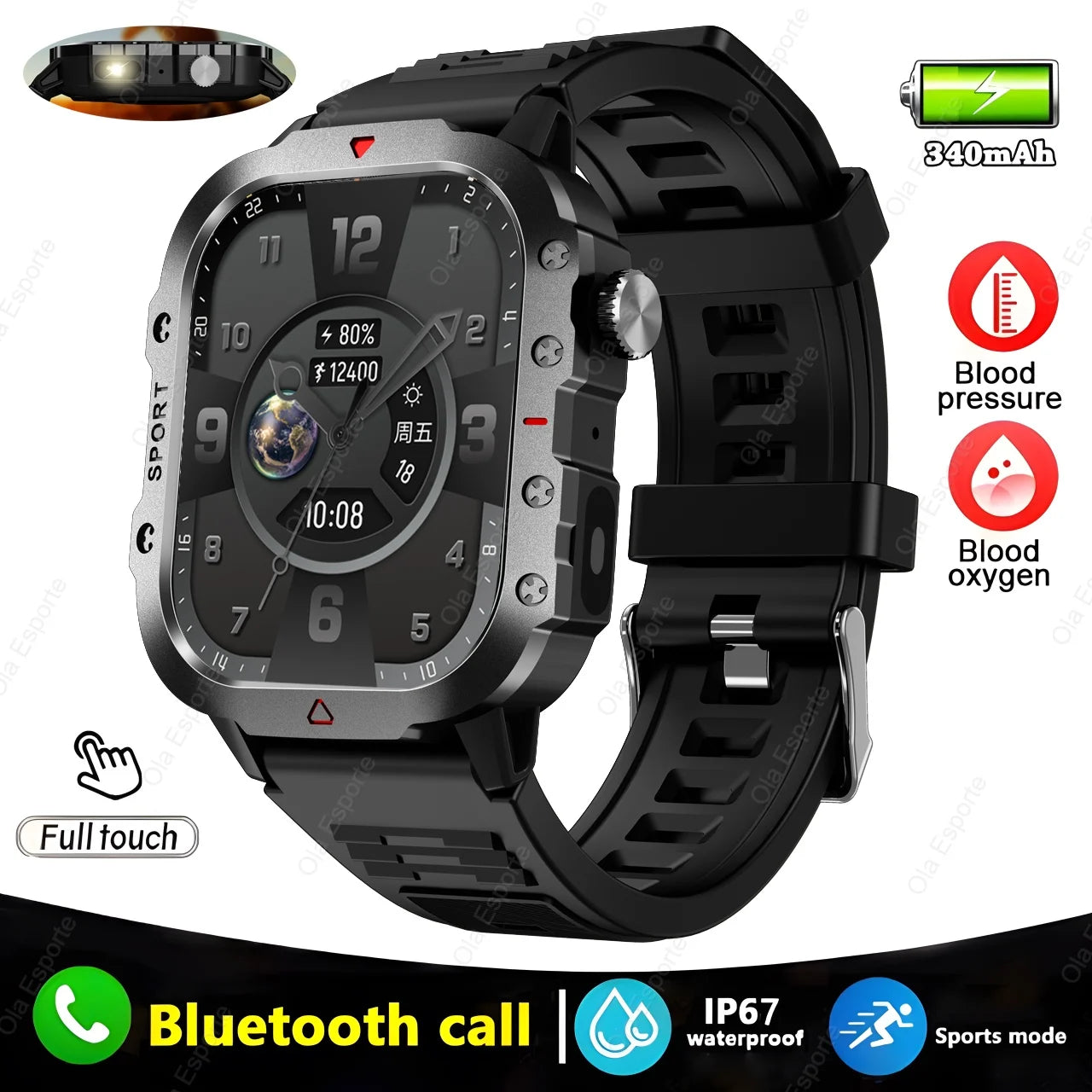 Military GPS Smartwatch – Waterproof Outdoor Sport Tracker with Flashlight & Compass