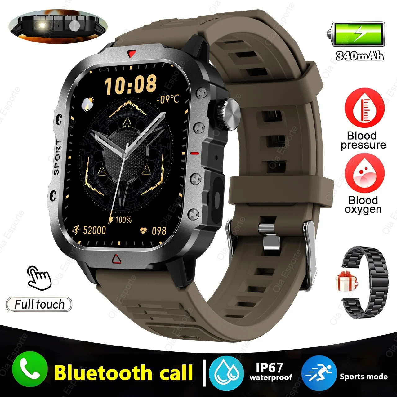 Military GPS Smartwatch – Waterproof Outdoor Sport Tracker with Flashlight & Compass