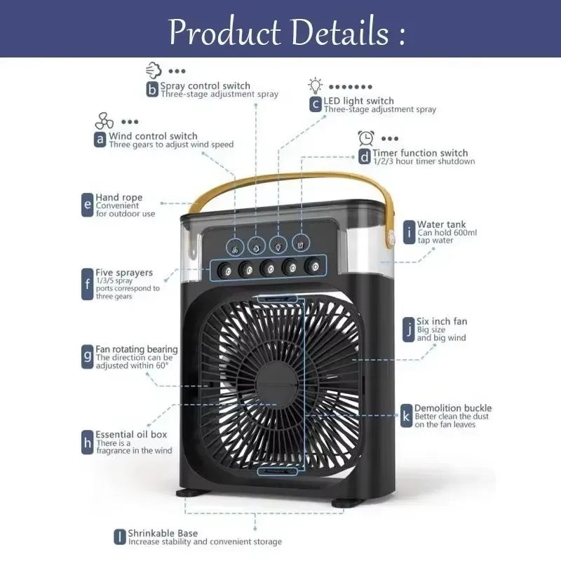3-in-1 Portable Air Cooler Fan – Mini AC, Humidifier & LED Night Light