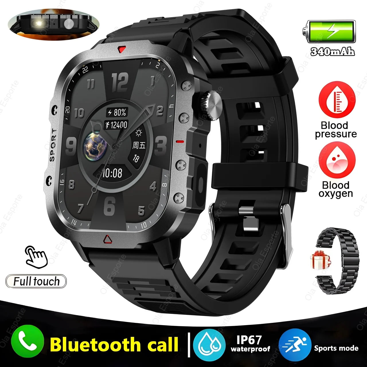 Military GPS Smartwatch – Waterproof Outdoor Sport Tracker with Flashlight & Compass