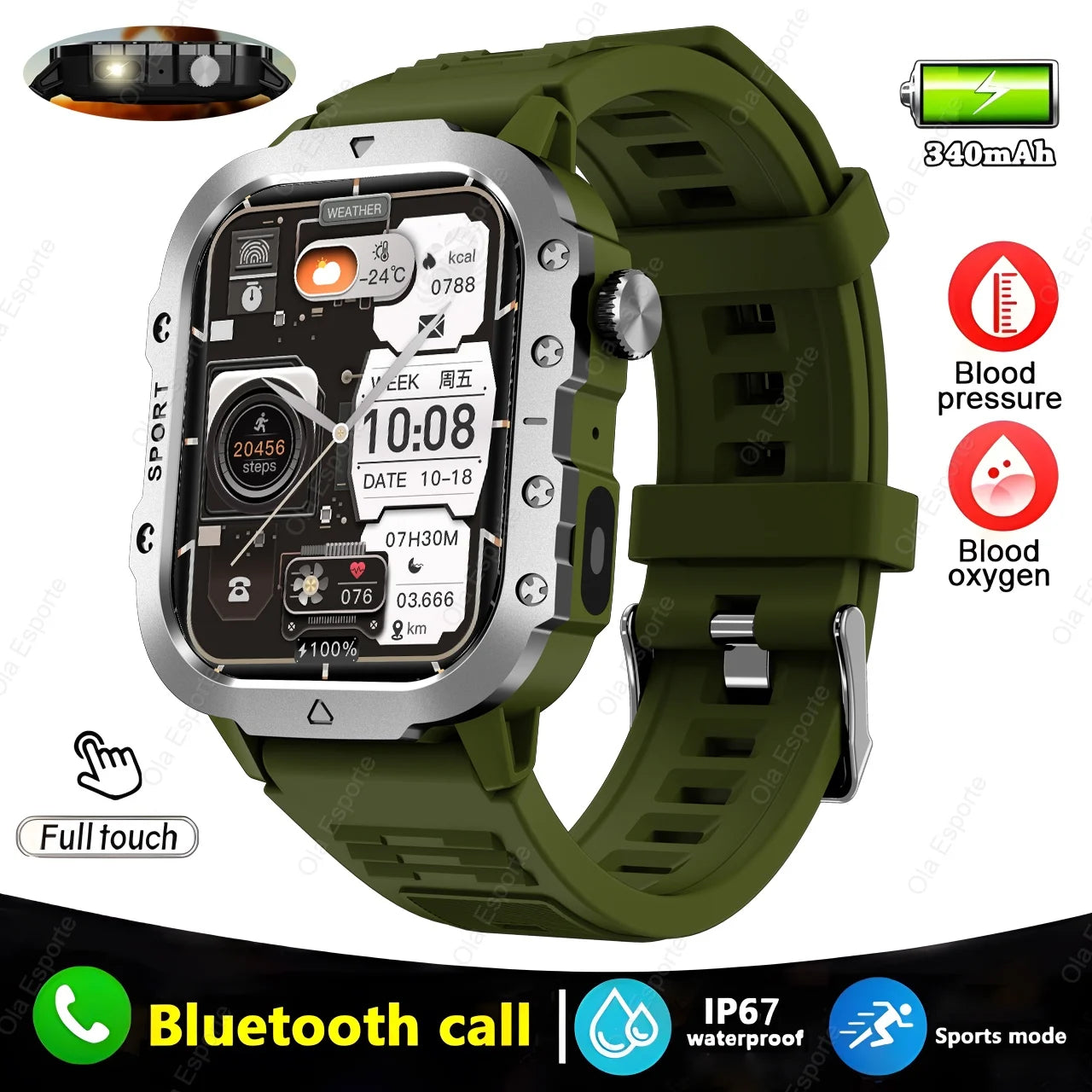 Military GPS Smartwatch – Waterproof Outdoor Sport Tracker with Flashlight & Compass
